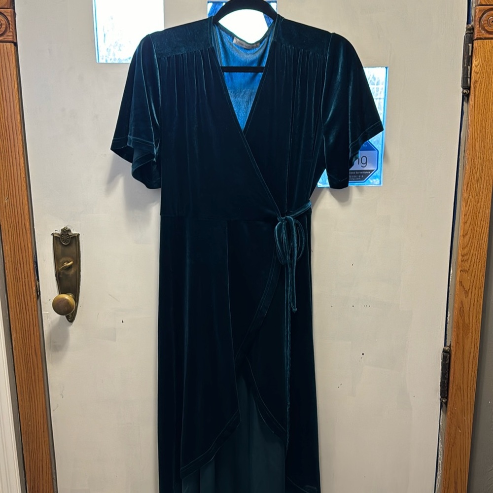 Evergreen velvet wrap dress